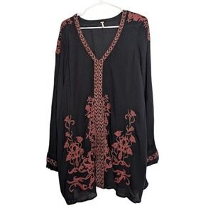 Free People Womens Small Black Embroidered Long Sleeve Dress Boho‎ Long Sleeve